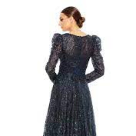 Mac Duggal midnight blue black lace beaded ball gown dress size 12 - Picture 4 of 7